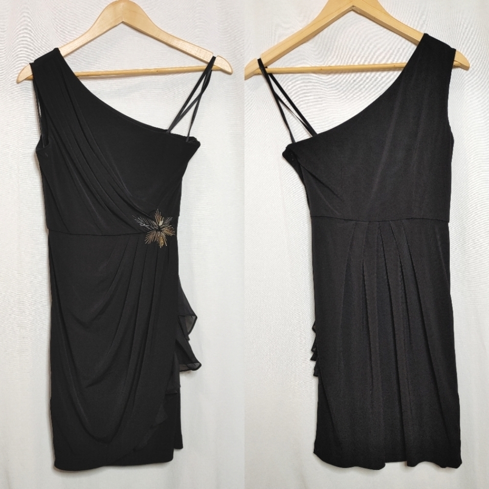 Max and Cleo Dress One Shoulder Black Gold Metallic Flower Accent 4